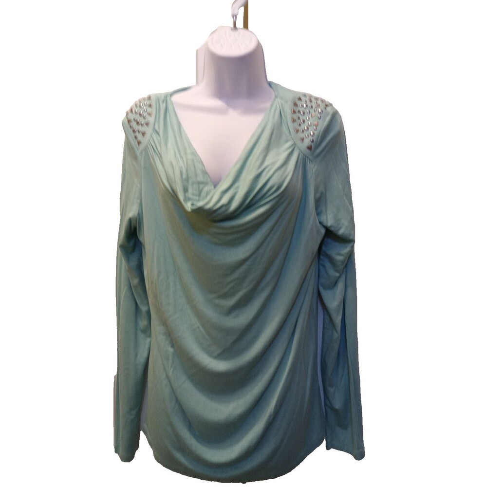 Michael Kors Women Medium Top L/S Embellished Cowl Neck Turquoise